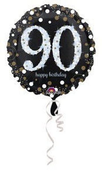 Immagine di Palloncino Mylar 90 anni Happy Birthday nero e argento 45 cm