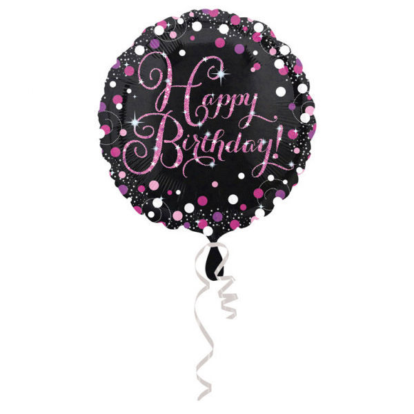 Immagine di Palloncino Mylar Happy Birthday nero e rosa 45 cm