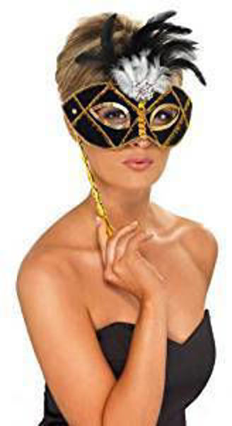 Immagine di Carnevale Accessori - Maschera Nero e Oro con Asta e Piume