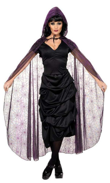 Immagine di Mantello Nero con Cappuccio e Ragnatele Taglia S