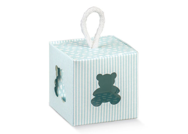 Immagine di Scatola Porta confetti Righe Celeste con orsetto intagliato 5x5x5 cm 10 pezzi