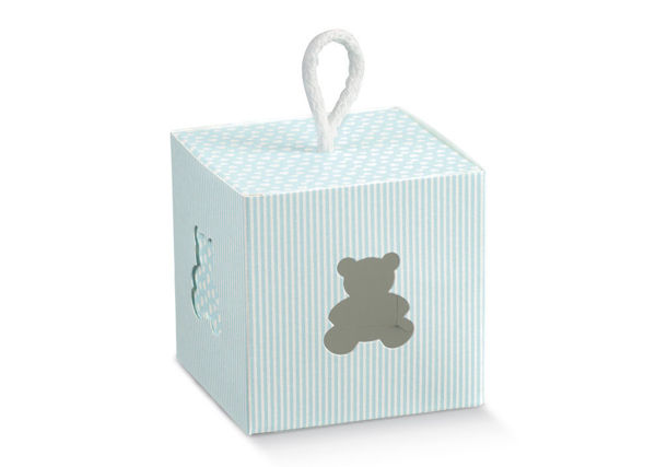Immagine di Scatola Porta confetti righe Celeste con orsetto intagliato 8x8x8 cm 10 pezzi
