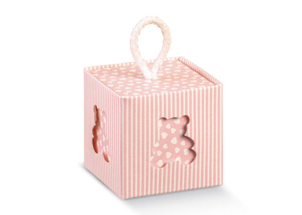 Immagine di Scatola Porta confetti Righe Rosa con orsetto intagliato 5x5x5 cm 10 pezzi