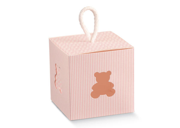 Immagine di Scatola Porta confetti Righe Rosa con orsetto intagliato 8x8x8 cm 10 pezzi