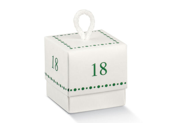 Immagine di Scatolino in Cartoncino Fleur 5x5 cm altezza 5 cm con Stampa 18 in verde con cordoncino 10 pezzi