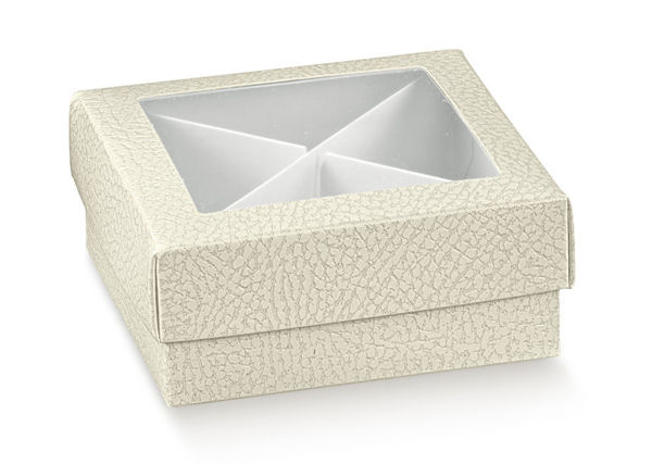 Immagine di Scatola porta confetti Pelle Bianco con Finestra 7x7x4 cm 10 pezzi
