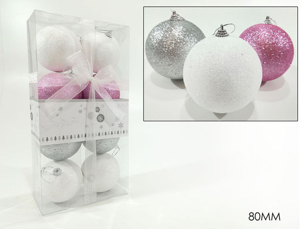 Immagine di 8 Palle 80 mm colore Rosa Bianco Argento - Glitter