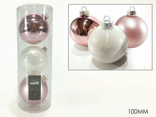 Immagine di 3 Palle in vetro 100 mm colore Rosa e Bianco