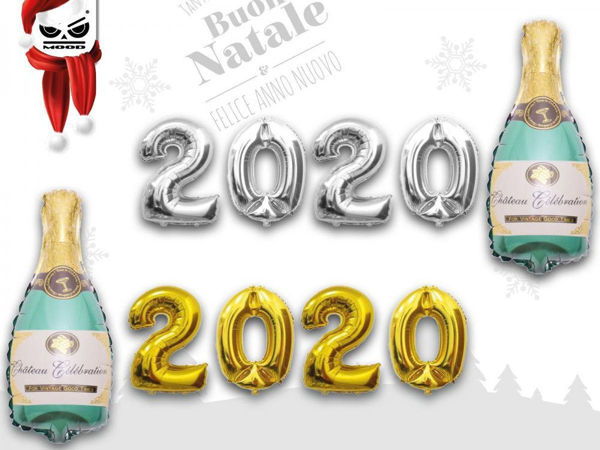 Immagine di Set Palloncini Mylar da 1 metro (2020 + Bottiglia Spumante) - Colori Assortiti