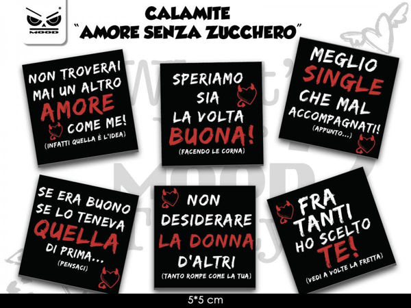 Immagine di Calamita Nera Amore Senza Zucchero con Frasi assortite 6,5x6,5 cm