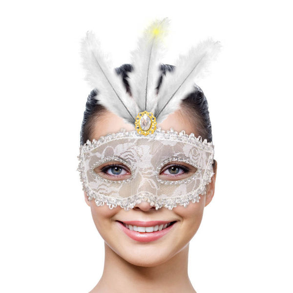 Immagine di Maschera Donna in Pizzo bianco con Piume led