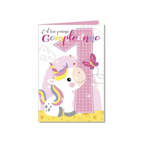 Immagine di Biglietto di Auguri Unicorno Rosa con Glitter Primo Compleanno Bimba