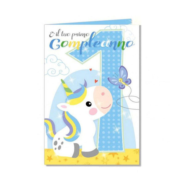 Immagine di Biglietto di Auguri Unicorno Azzurro con Glitter Primo Compleanno Bimbo