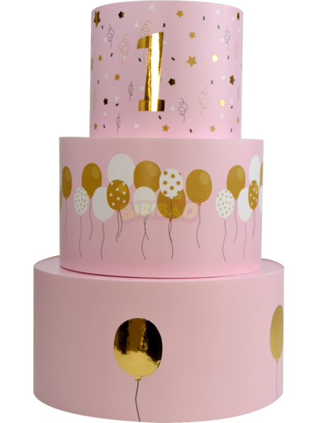 Torta finta compleanno, doppio fiocco, rosa, 3 piani