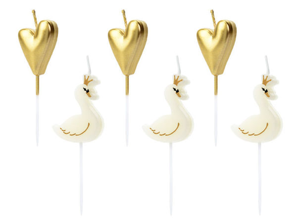 Immagine di Candeline a forma Cuore Oro e Cigno Bianco 6 pz