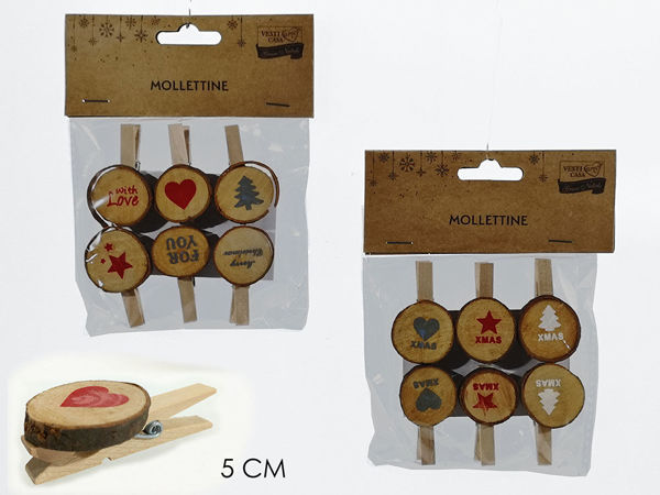 Immagine di Set 6 Mollette decorative Natalizie con ceppo legno