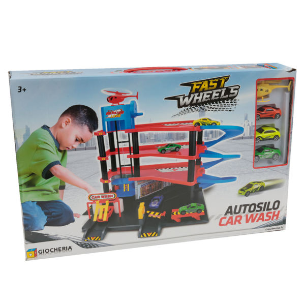 Giocheria Autosilo Car Wah Garage con 4 Veicoli Die Cast