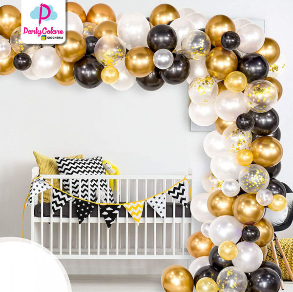 Kit 68 Palloncini Per Feste Oro Bianco E Nero | Decorazioni Compleanno E Laurea | Mix Opachi E Metallici Con Nastri E Coriandoli