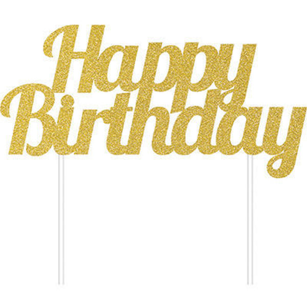 Cake Topper Happy Birthday Oro Glitter 15x17 cm