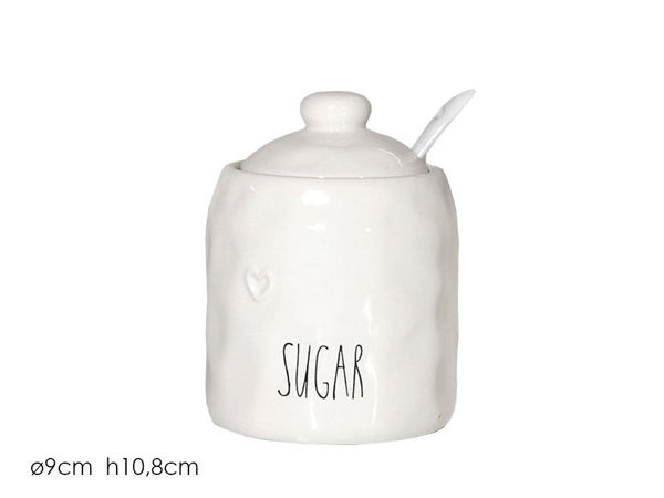 Zuccheriera in ceramica bianca con coperchio e cucchiaio