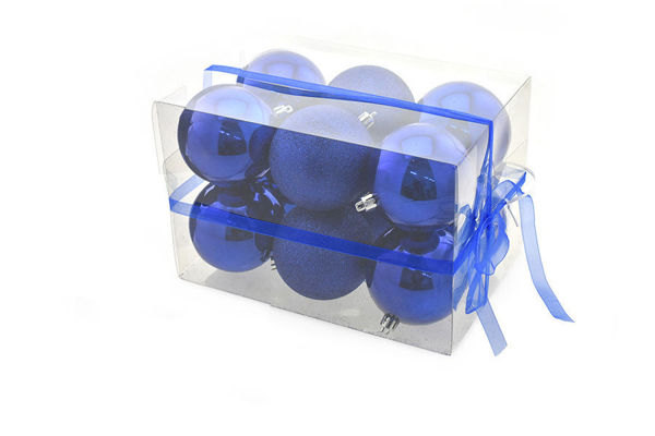 Box 12 sfere 8 cm Blu lucido e glitter