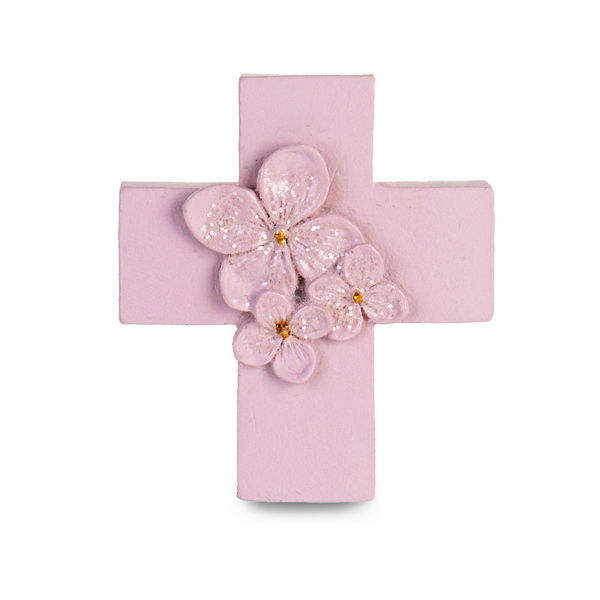 Magnete Croce Cipria con fiori e glitter