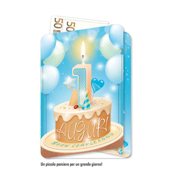 Biglietto Auguri portasoldi torta Blu Primo Compleanno
