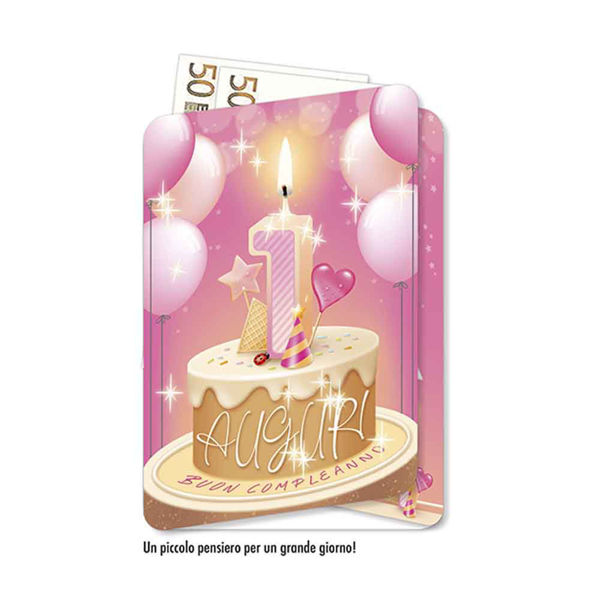 Biglietto Auguri portasoldi torta rosa Primo Compleanno