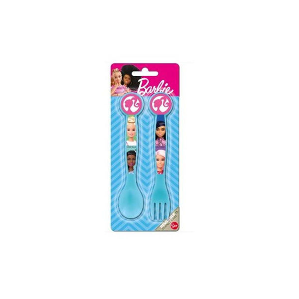Set 2 Posate Barbie in Plastica  Forchetta e Cucchiaio per Bambine