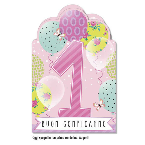 Biglietto primo compleanno per bambina con illustrazioni dolci e busta