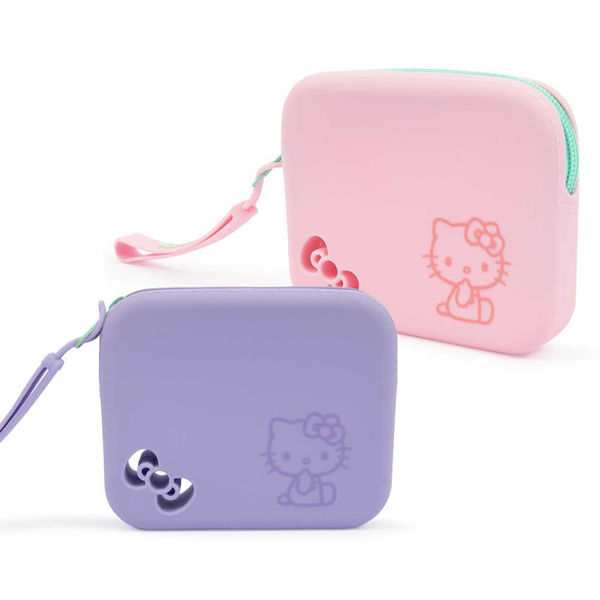 Mini case Hello Kitty in silicone rosa e lilla – custodia 8x8x2 cm con fiocco traforato