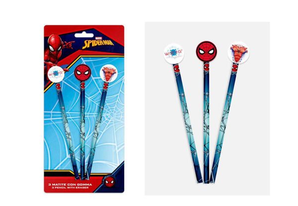 Set 3 matite Spiderman con gomma decorativa per scuola