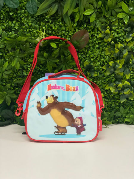 Porta merenda termico con tracolla rossa e stampa Masha e Orso sui pattini