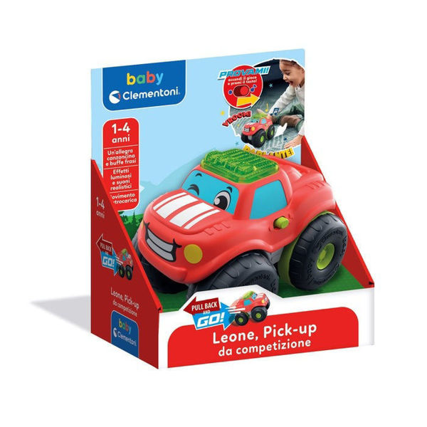Baby Clementoni Leone Pick-Up da Competizione – Macchinina a retrocarica con luci e suoni per bambini 1-4 anni
