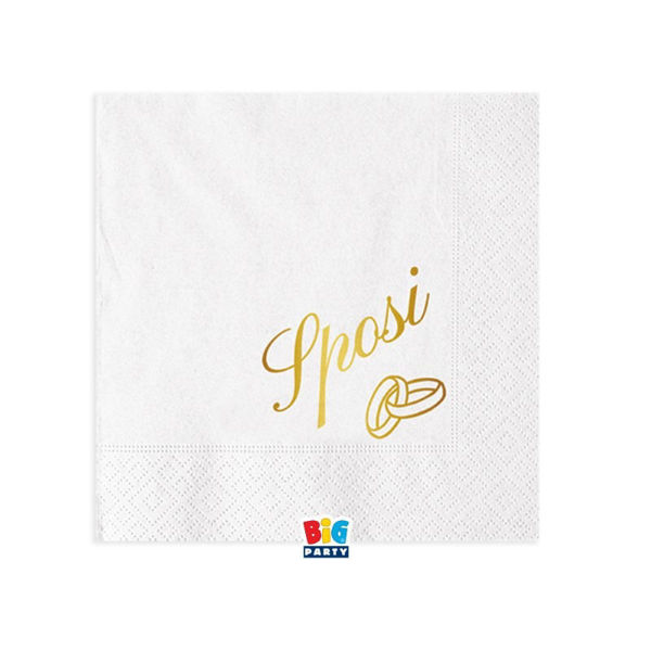 Tovaglioli bianchi con scritta dorata “Sposi” e anelli intrecciati – confezione da 16 pezzi Big Party