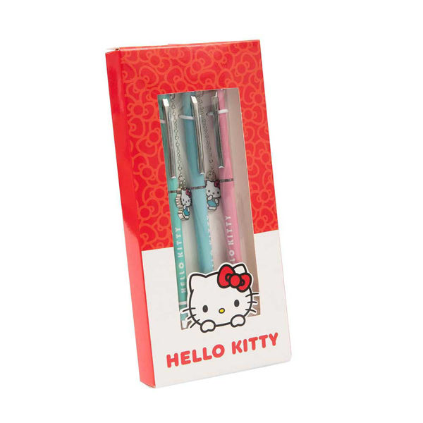 Set di 3 penne Hello Kitty con inchiostro nero su sfondo neutro