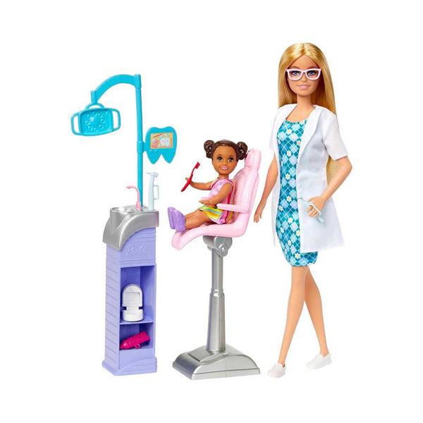 Playset Barbie Carriera Dentista con Barbie e bambina paziente sulla poltrona odontoiatrica