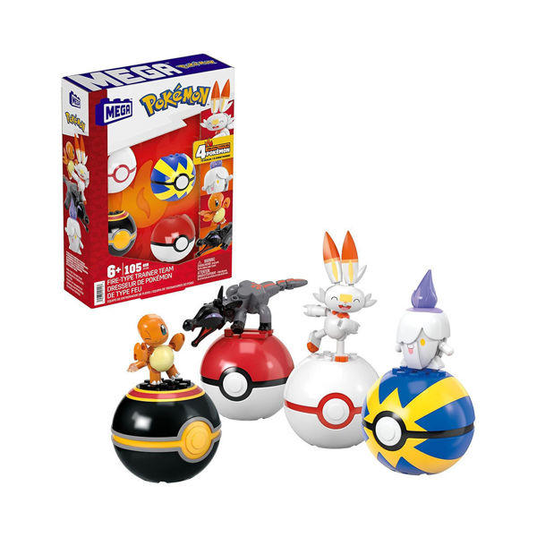 Set Pokémon Pokéball di Fuoco con 4 personaggi costruibili (Charmander, Scorbunny, Litwick, Salandit) e 4 sfere Poké