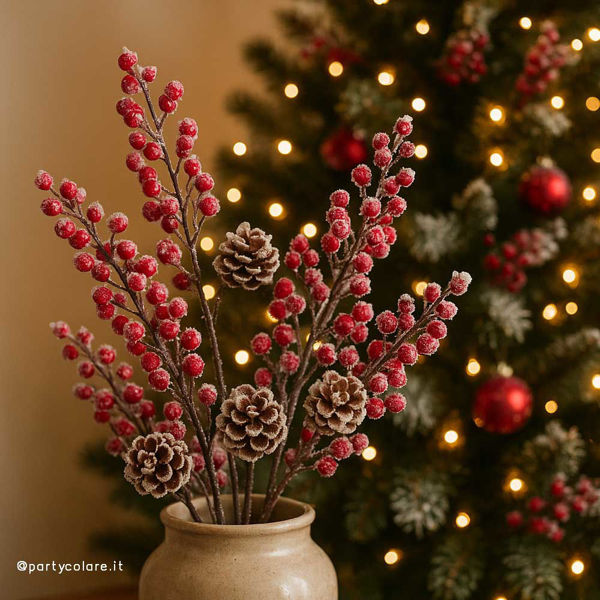 Pick natalizio con bacche bordeaux e pigne 61 cm decorazione per albero e centrotavola