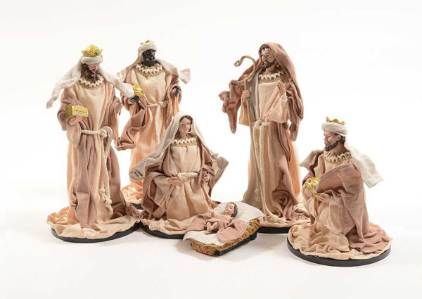 Natività 6 personaggi in resina e legno con finiture in tessuto 16x16x33 cm scatola regalo