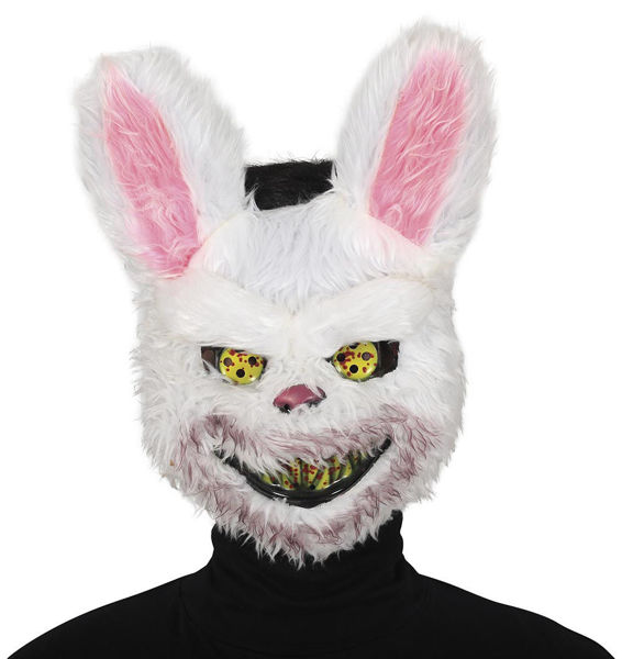 Maschera coniglio horror bianca con pelo e occhi spaventosi per Halloween