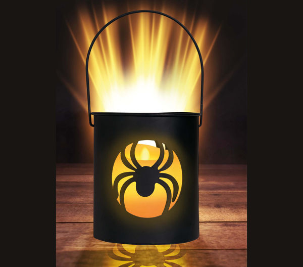 Lanterna con ragno a LED 10x9 cm accesa, ideale per decorazioni di Halloween