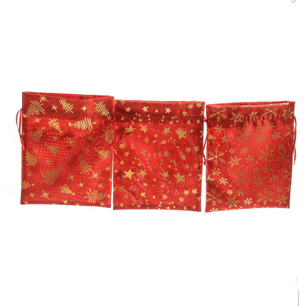 Sacchetto in tessuto laminato rosso con decori natalizi oro 20x25 cm