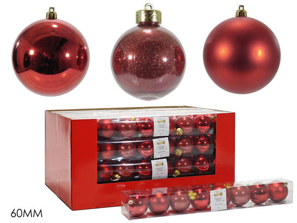 Set 8 palle di Natale rosse 60mm mix lucide opache glitter