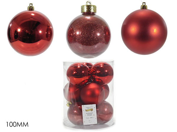 Set 9 palle di Natale rosse 100mm mix lucide opache glitter