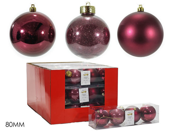 Set 4 palle di Natale bordeaux 80mm mix lucide opache glitter