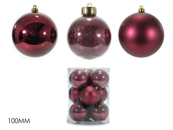 Set 9 palle di Natale bordeaux 100mm mix lucide opache glitter