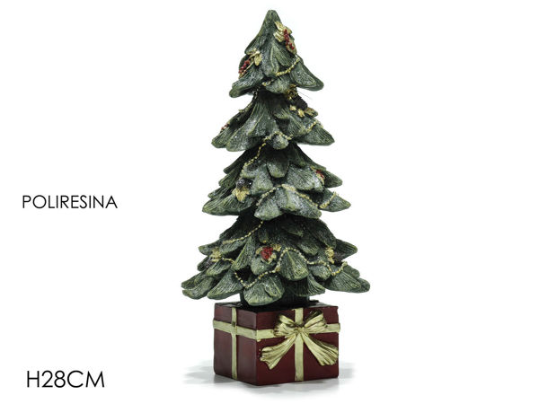 Albero di Natale artificiale 28 cm, colore verde con decorazioni rosse e piccole pigne
