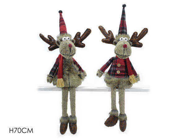 Renna natalizia seduta H70 cm con cappello rosso e vestito scozzese