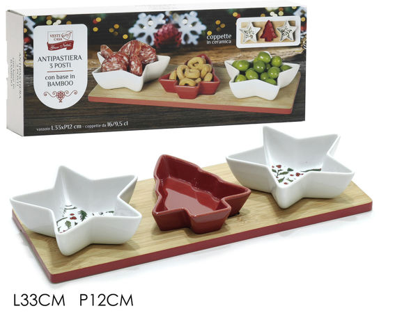 Set antipastiere natalizio con 3 coppette in ceramica e base in bamboo